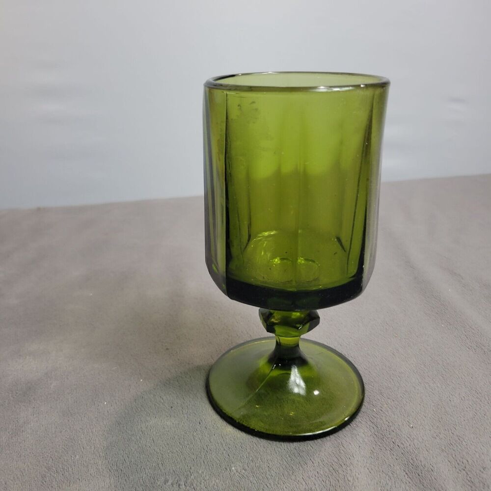 Vintage Olive Green Glass Water Goblet With Hexagonal Design & Pedestal Base